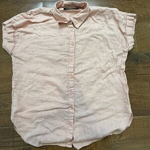 Lauren Ralph Lauren Linen Shirt Women Large Pink Short Sleeve Button Down Cuffed